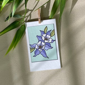 Columbine Print, Floral Illustration, Colorado State Flower, Small Size Artwork, Mini Print, Eco Friendly, Polaroid Wall Art