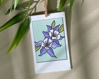 Columbine Print, Floral Illustration, Colorado State Flower, Small Size Artwork, Mini Print, Eco Friendly, Polaroid Wall Art