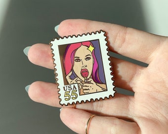 Jennifers Body Enamel Pin, Pink Hard Enamel Pin, Jennifer Check, Postage Stamp Pin Badge