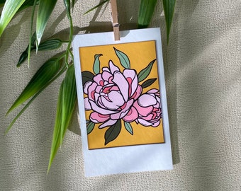 Peony Small Print, Pink Peony Flower Illustration, Polaroid Style, Original Flower Art, Pink Aesthetic, Sustainably Made