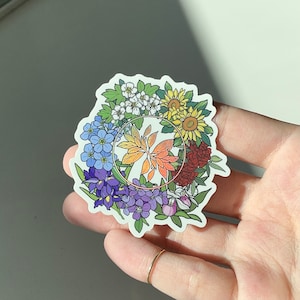 Floral Wreath Sticker, Mix of Flowers, Holographic Vinyl Sticker, Wildflowers, Waterproof Bottle Sticker, Glossy, High Quality