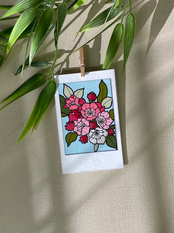 Mountain Laurel Polaroid Print, Pink, Hot Pink Floral Illustration