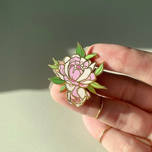 Peony Pin, Botanical Enamel Pin, Pink Flower Artwork, Original Flower Art, Pink Peony Floral Pin