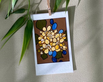 Oregon Grape Polaroid Print, Small Hand Drawn Flower Illustration, Protection, Yellow, Blue, Brown, Sustainably Made, Ecofriendly Print