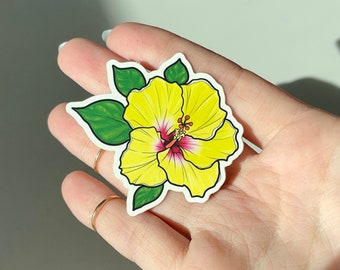 Hibiscus Sticker, Yellow Hibiscus, Waterproof Sticker, Tropical Art, Hawaii Sticker