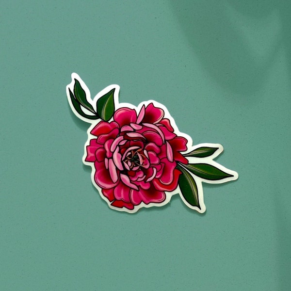 Peony Sticker, Hot Pink Flower Waterproof Sticker, Botanical Vinyl Sticker, Clear Floral Sticker