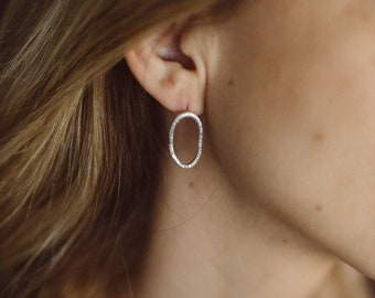 Small oval hoop earrings, everyday earrings, simple earrings, irregular shaped earrings, hammer textured earrings, silver or brass earrings