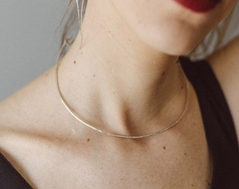 Thin textured choker necklace slightly irregular shaped, hammered by hand, with or without pendant, sterling silver choker, minimalistic