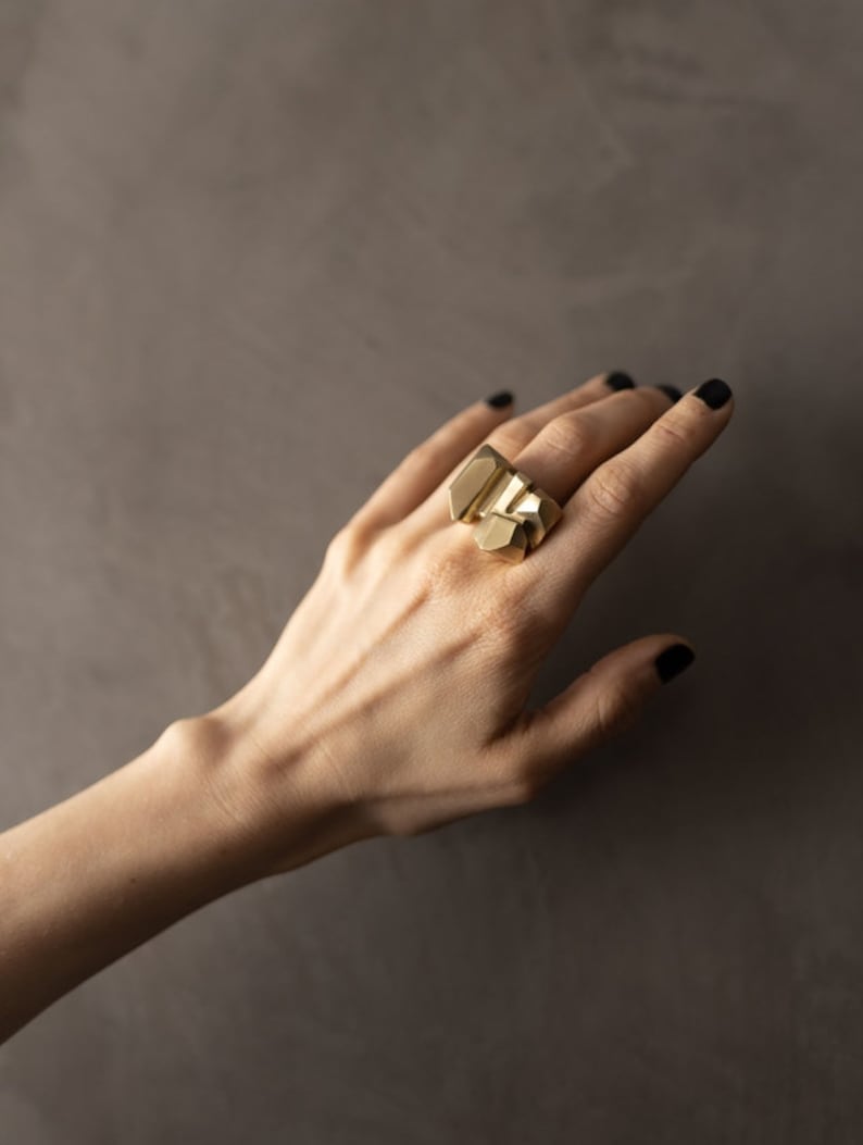 Rigid and solid hand carved ring, architectural ring, sculptural ring, geometric ring, statement ring, big ring, unique design image 1
