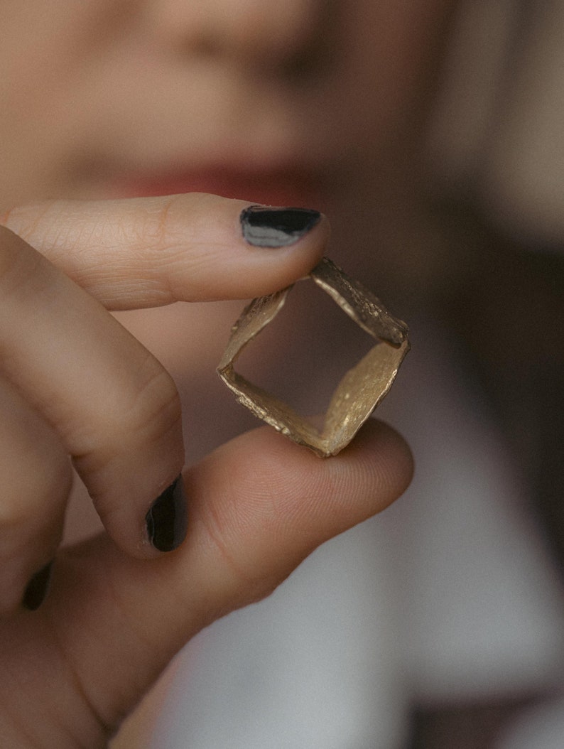 Unique Square Ring | Hammered Silver or Bronze With Circular Texture ...