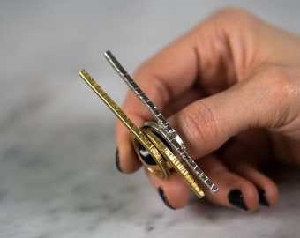 Statement textured double ring, hammered by hand, sterling silver and bronze ring, versatile ring, long bar ring, geometric ring, unique