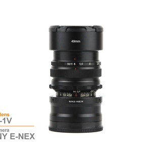 May include: A black MIR-1V soviet lens with a 49mm filter thread, a M42-NEX adapter, and aperture markings of 1611, 8, 5.6, 4, and 24.