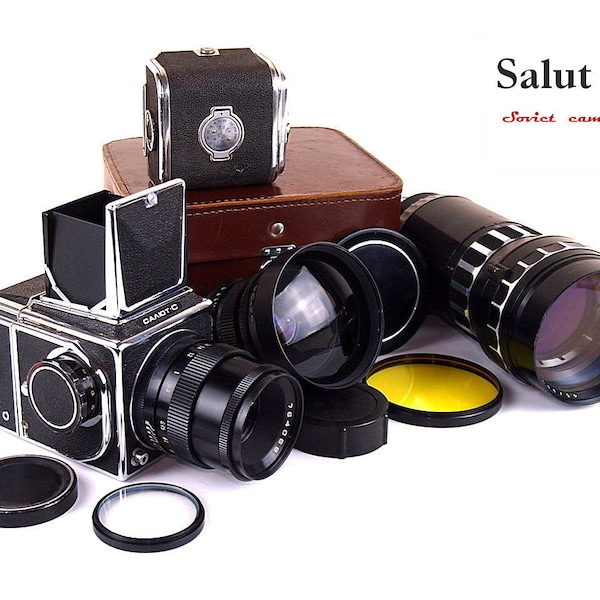 Soviet Vintage camera SALUT S Lens VEGA - 12B (2,8/90) Mir - 3B (3,5/65) TAIR - 33 (4,5/300) Medium Format 6 x 6 Made in ussr