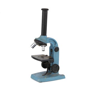 May include: A blue and black microscope with a black handle and a stage for viewing slides.