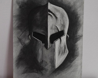 Digital Download, Helmet Charcoal Painting, Handmade Original Helmet Warrior, Decoration, Wall Art Original And Print