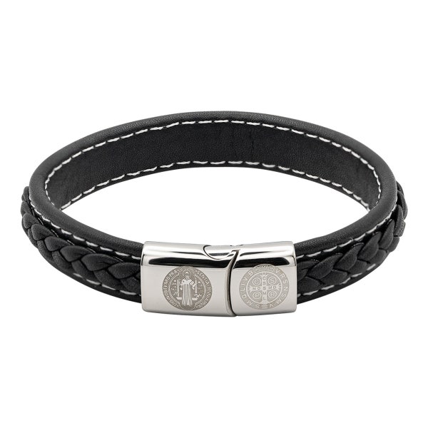 Catholic Town religious leather Bracelet with Stainless Steel St Benedict Clasp ( LSSBSB-BLKS )