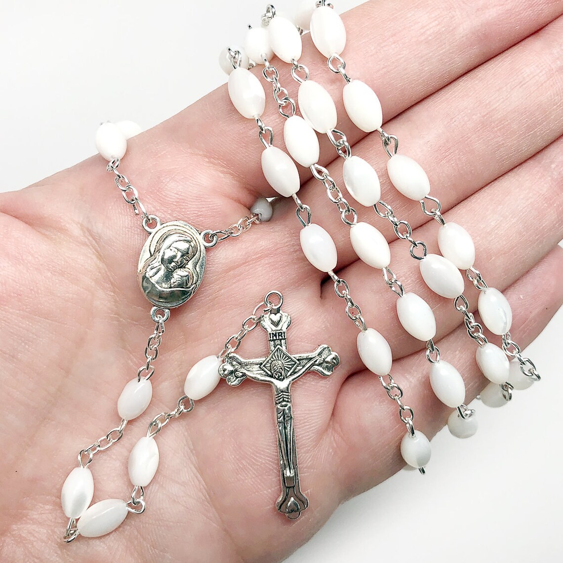 Catholic Rosary Necklace Mother of Pearl Beads Jerusalem Holy Etsy