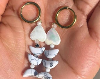 white Skeleton fish earrings ,Red and silver beaded triangle earrings with shell charm