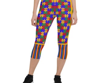 Autism Awareness Capri Leggings, Puzzle Print