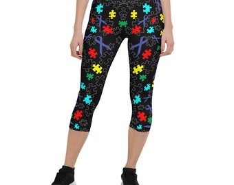 Autism Awareness Capri Leggings: Puzzle Piece Print, Soft Fabric