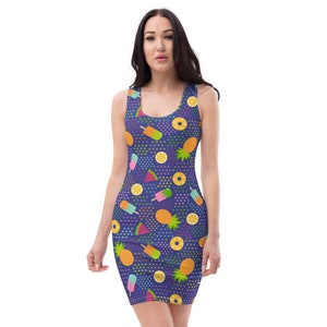 Ice Cream Fruit Doughnut Fitted Dress Stretch Fitted Dress Women&#39;s Pizza French Fries Party Dress Fun Date Night Dress Fruit Candy Dress