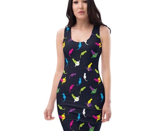 Cat Lovers Fitted Dress: Colorful Cats Party Dress, Cat Lovers Gift