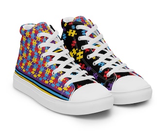 Autism Awareness High Top Canvas Shoes, Puzzle Print