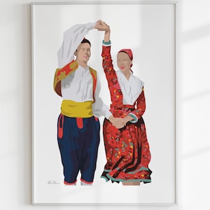 Linđo traditional folklore dance, Dubrovnik region folk costumes and culture digital poster art
