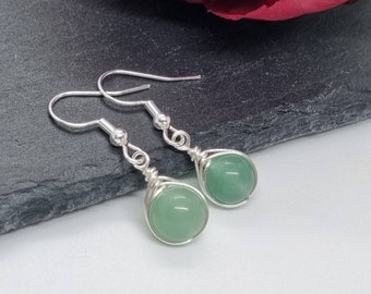 Green Aventurine Earrings, Wire Wrapped Earrings, 925 Sterling Silver Plated Hooks