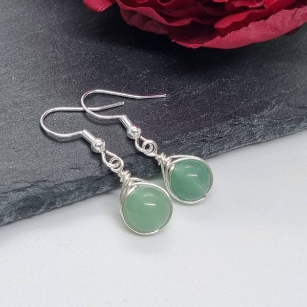 Green Aventurine Earrings, Wire Wrapped Earrings, 925 Sterling Silver Plated Hooks