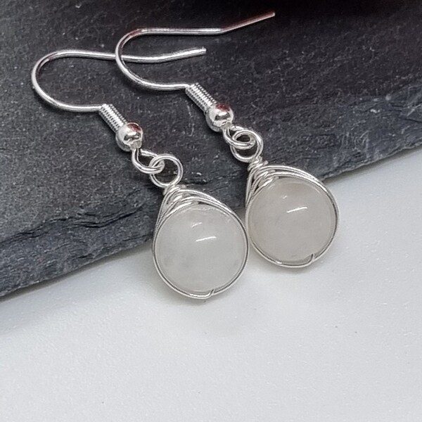 Natural White Jade Earrings, Wire Wrapped Earrings, 925 Sterling Silver Plated Hooks