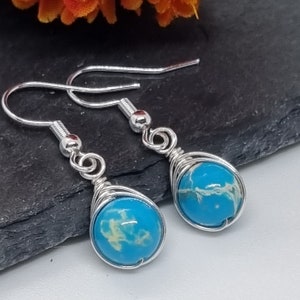 Natural Sea Sediment Jasper Earrings, Wire Wrapped Earrings, 925 Sterling Silver Plated Hooks