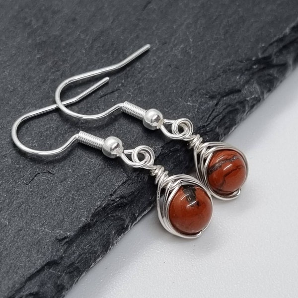 Red Poppy Jasper Earrings, Wire Wrapped Earrings, 925 Sterling Silver Plated Hooks