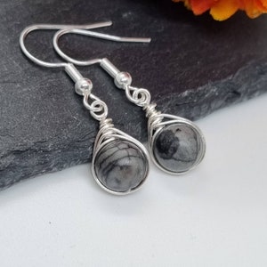 Black Silk Stone Earrings, Wire Wrapped Earrings, 925 Sterling Silver Plated Hooks