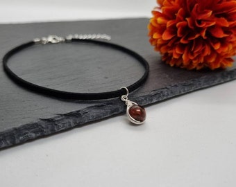 Black choker necklace with natural gemstone bead, Red Tiger Eye, Brazil Sodalite, Black Silk Stone, faux suede choker, flat cord choker