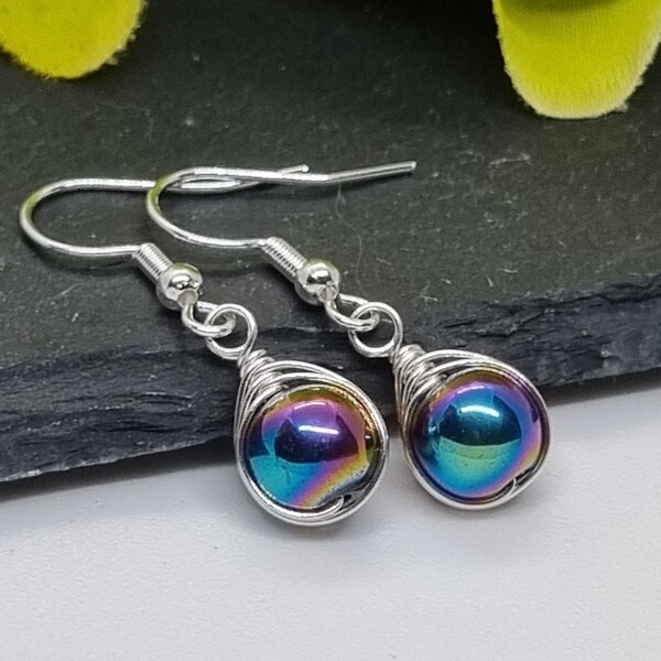 Rainbow Plated Hematite Earrings, Wire Wrapped Earrings, 925 Sterling Silver Plated Earrings