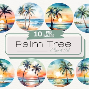 Set di clipart di palme tropicali ad acquerello, vacanze estive primaverili al mare, illustrazioni grafiche di alberi di cocco, vista sull'oceano PNG digitale