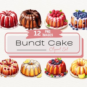 バントケーキの水彩画クリップアートバンドル、かわいいデジタルバントケーキのイラスト、デジタルベーカリースイーツPNG、デザートグラフィック、デジタルダウンロード