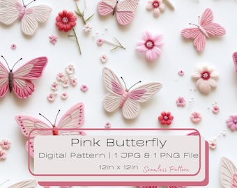 Pink Butterfly Seamless Pattern, Repeating Digital Pattern, Pastel Spring Floral Image, Faux Embroidered JPG PNG, Instant Download