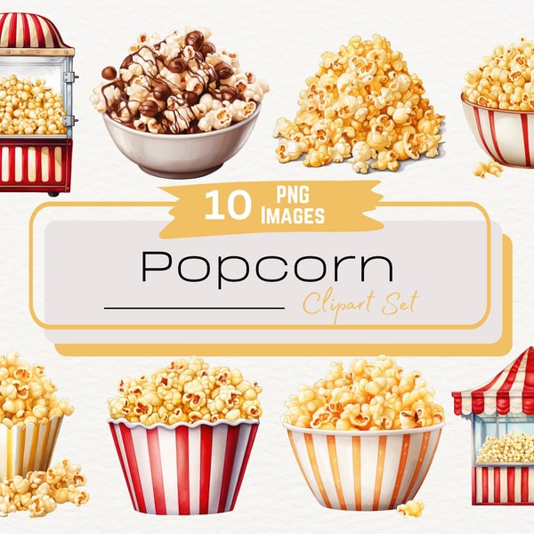Watercolor Popcorn Digital Clipart, Movie Night Snacks Illustrations, Digital Food Graphics, Concession Stand Art, Instant Download PNG