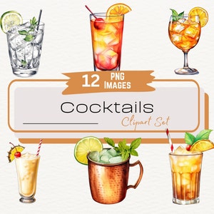 Art d'illustration numérique cocktail aquarelle, 12 cliparts cocktails, boissons d'été, boissons de plage, art menu bar, téléchargement numérique PNG