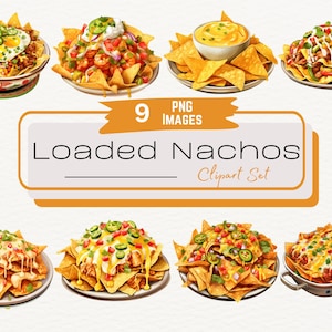Paquete de imágenes prediseñadas de nachos con acuarela, gráficos de comida rápida para fiestas, ilustración de arte de comida digital, papas fritas con pollo y salsa PNG