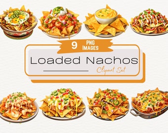 Watercolor Loaded Nachos Clipart Bundle, Party Snacks Fast Food Graphics, Digital Food Art Illustration, Chicken Topped Chips and Dip PNG