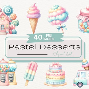 Aquarell niedlich Pastell Dessert Clipart Bundle, bunte Süßigkeiten Gebäck Illustration, entzückende Süßigkeiten Glas Grafiken, Eiswagen Digital PNG