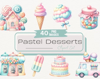 Watercolor Cute Pastel Dessert Clipart Bundle, Colorful Candy Pastry Illustration, Adorable Sweets Jar Graphics, Ice Cream Truck Digital PNG