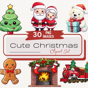 Cute Christmas Holiday Clipart Set, 30 Kawaii Christmas Clipart, Cartoon Santa Stickers, Christmas Cartoon Characters, Digital Download PNG
