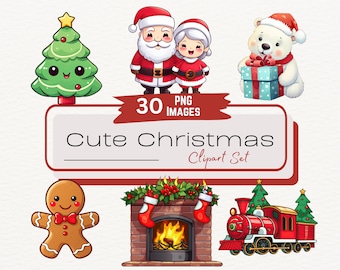 Süße Weihnachten Urlaub Clipart Set, 30 Kawaii Weihnachten Clipart, Cartoon Santa Aufkleber, Weihnachten Zeichentrickfiguren, digitaler Download PNG