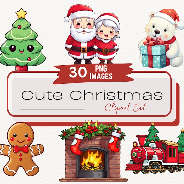 Cute Christmas Holiday Clipart Set, 30 Kawaii Christmas Clipart, Cartoon Santa Stickers, Christmas Cartoon Characters, Digital Download PNG