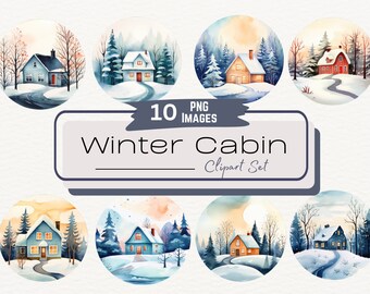 水彩画の冬の小屋のクリップアート バンドル、素朴な雪のコテージのシーンのイラスト、丸太小屋のデジタル ステッカー PNG、居心地の良い冬の村のダウンロード