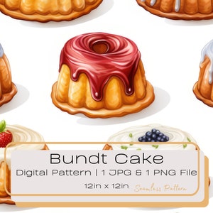 Aquarell Bundt Cake Nahtloses digitales Muster, süßes Bäckerei-Dessert-Kuchen-Wiederholungsmuster, Obstkuchen digitale Lebensmittelkunst, Instant PNG JPG